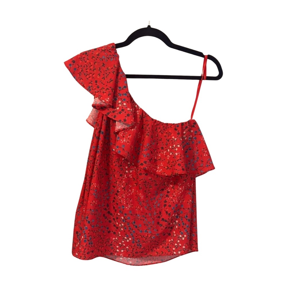 French Connection Red One-Shoulder Floral Ruffle Blouse Summer Statement Top